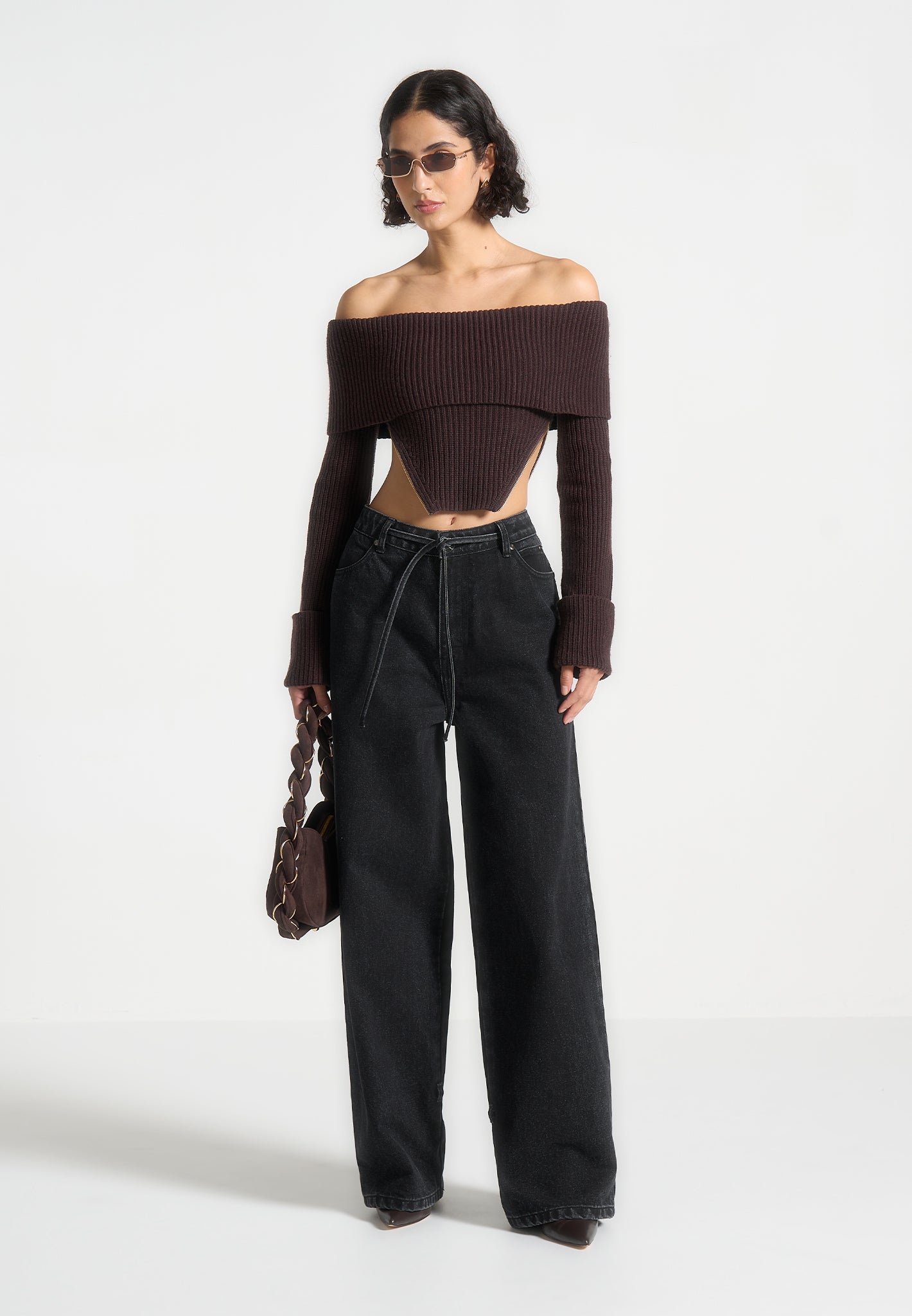 Zip Detail Knit Bandeau Top - Brown