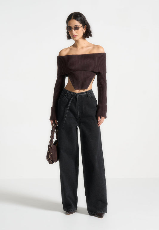 Zip Detail Knit Bandeau Top - Brown
