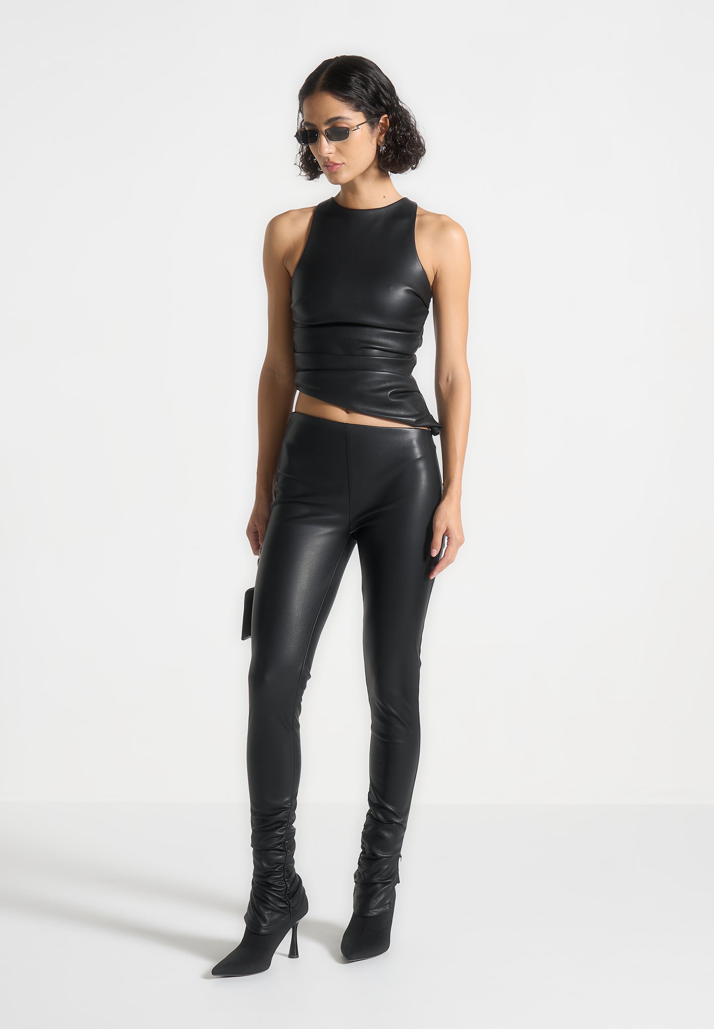 Leather Angled Waistband Leggings - Black
