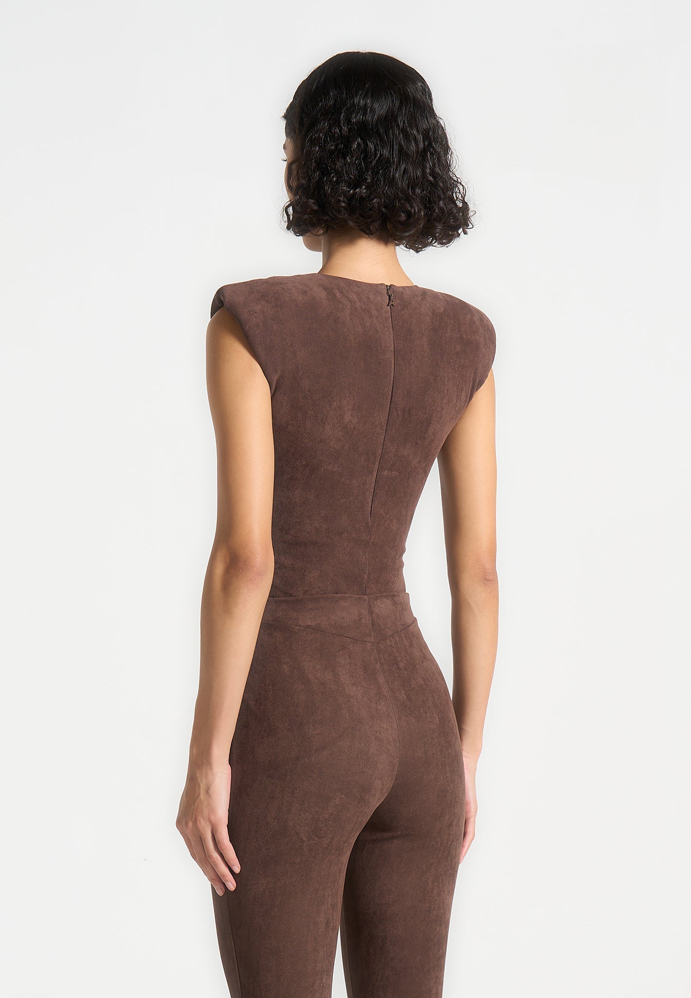 Wide Shoulder Suede Bodysuit - Brown