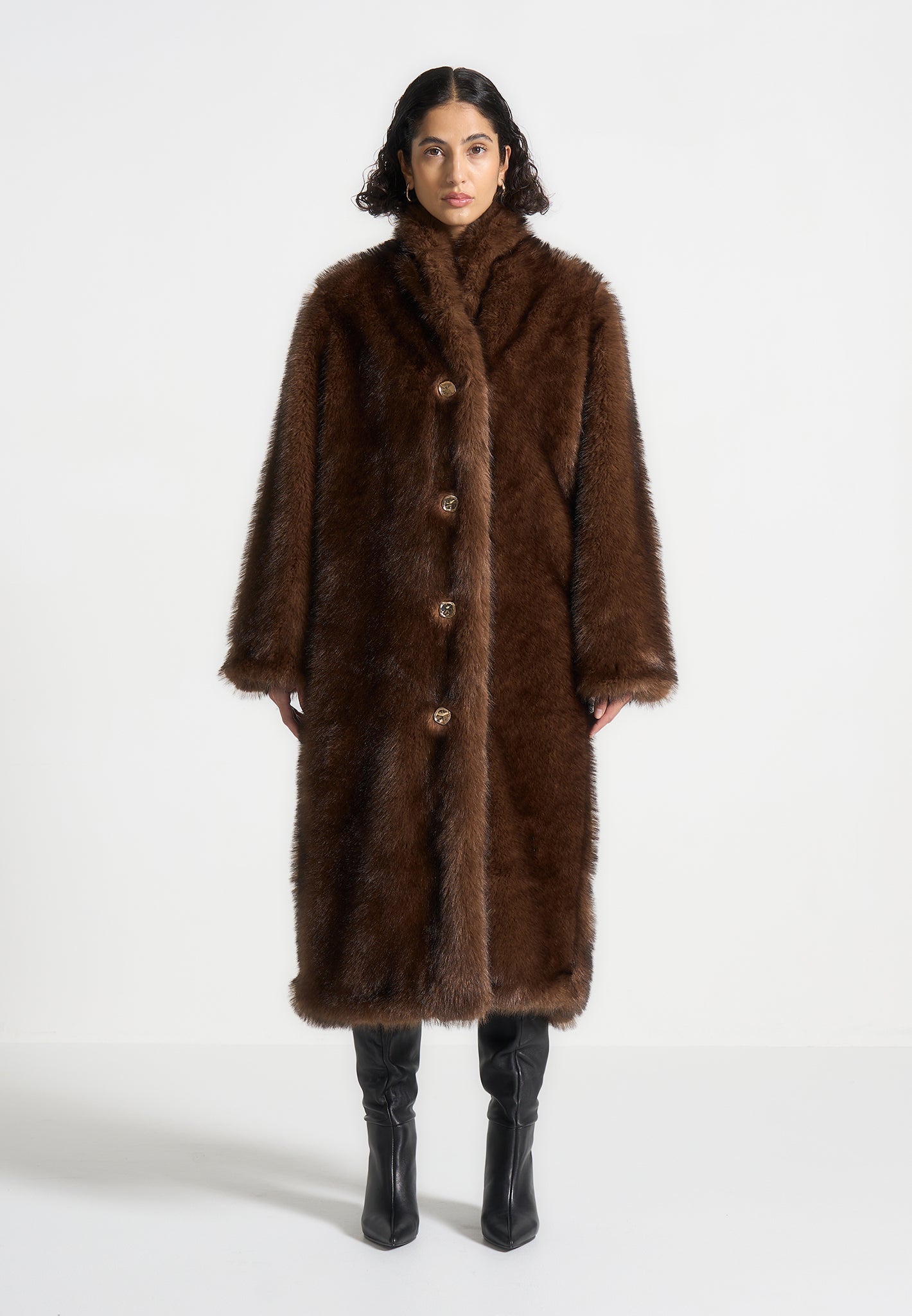 Fur Oversized Coat with Scarf - Brown