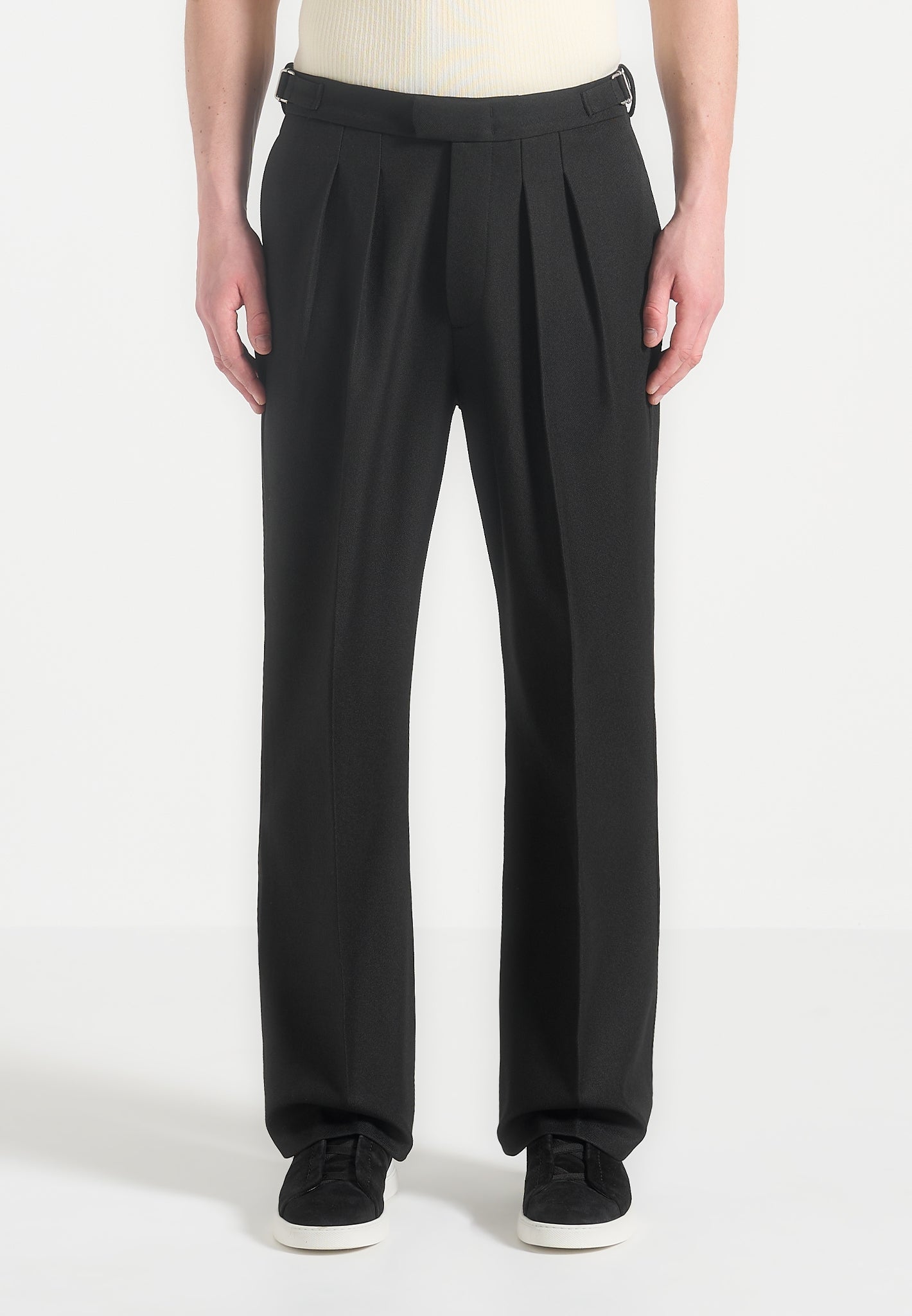 Relaxed Fit Twin Pleat Tailored Trousers - Black