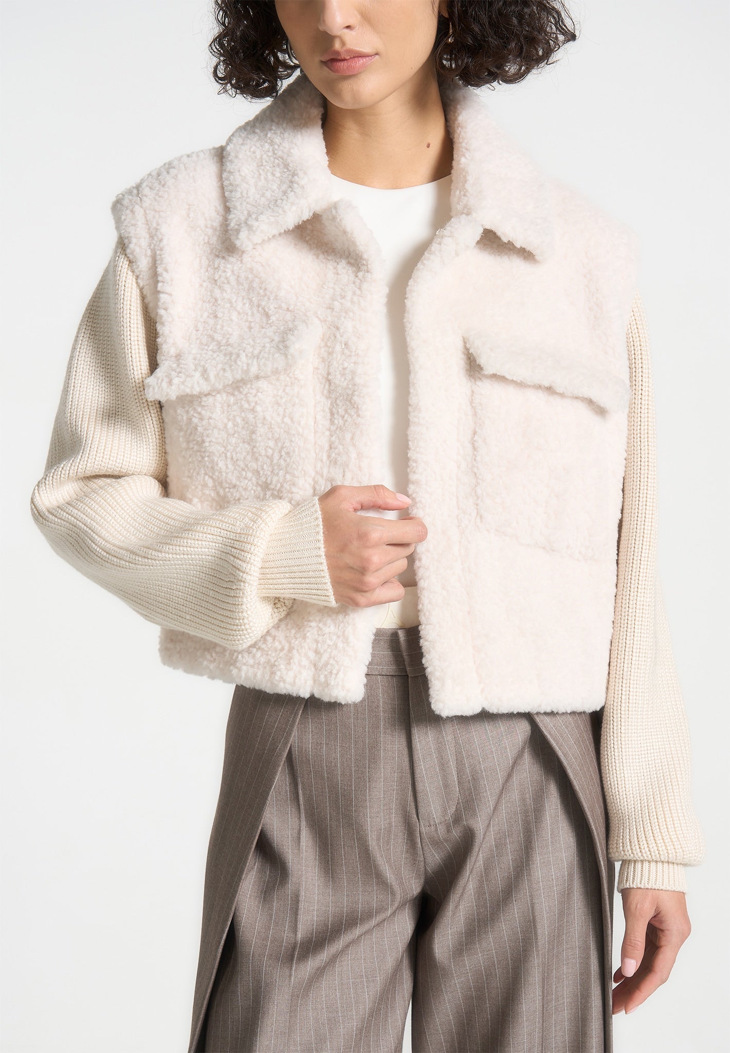 Plush Jacket With Knitted Sleeves - Cream