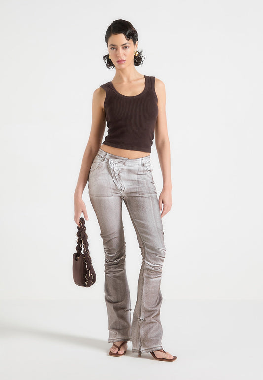 Denim Effect Tacked Fit and Flare Jeans - Brown/White