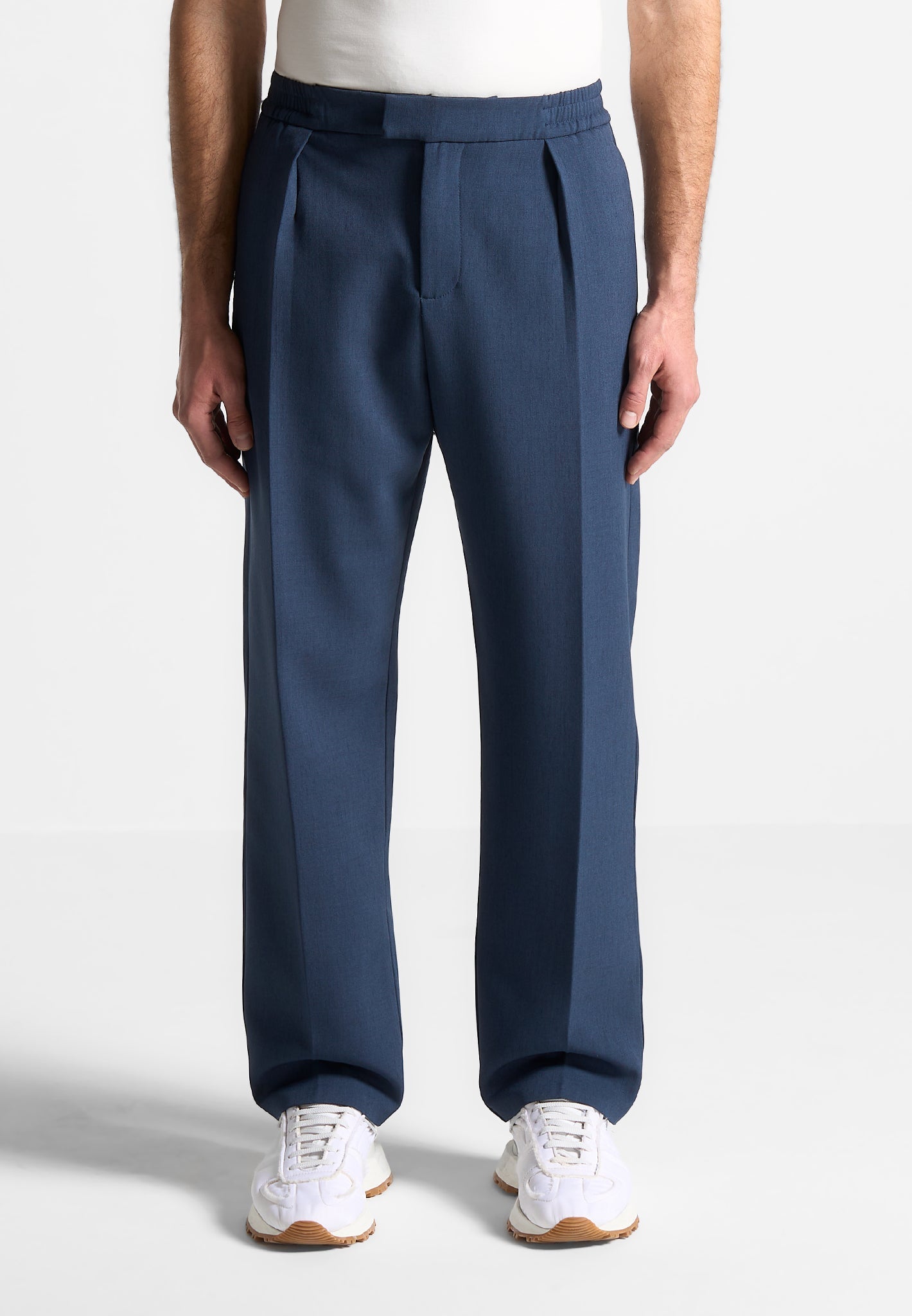 Relaxed Fit Hatched Pleated Tailored Trousers - Blue