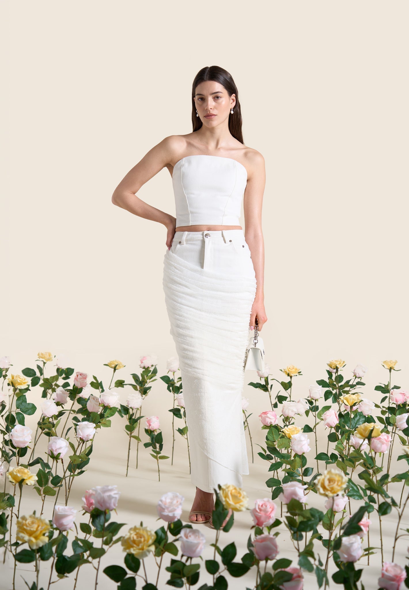 Draped Mesh Denim Maxi Skirt - Off White