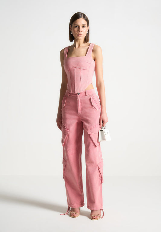 High Waisted Cargo Pants - Washed Pink
