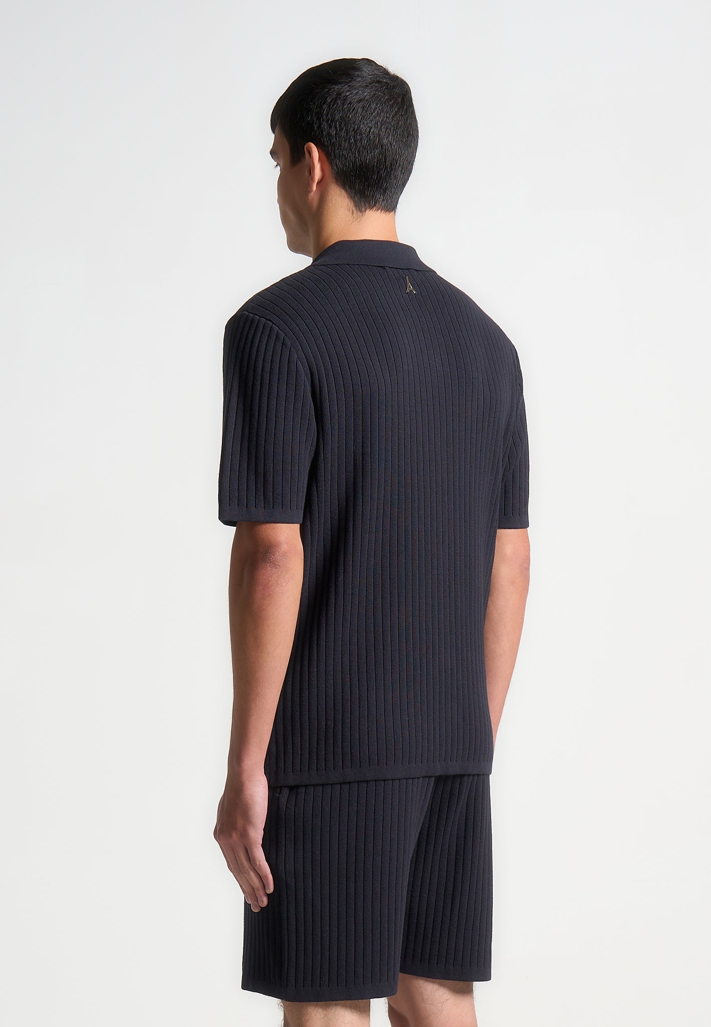 Ribbed Knit Revere Shirt - Navy