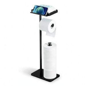 Toilet Paper Holder Free Standing Rustproof Metal Paper Towel Holder for 4 Rolls with Anti-Slip Base and with Top Storage Shelf for Phone & Small