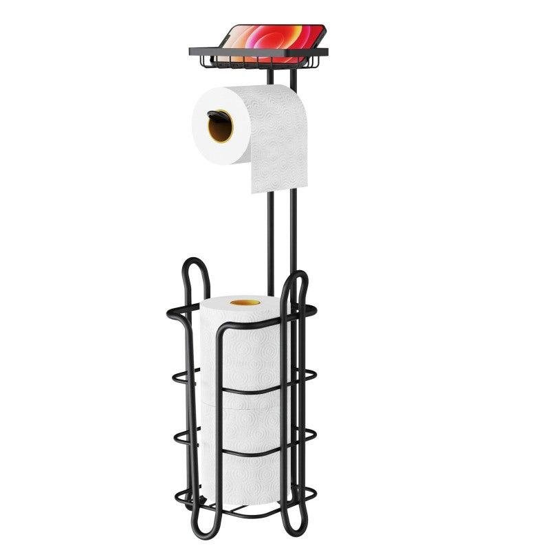 Toilet Paper Holder Free Standing Rustproof Metal Paper Towel Holder for 4 Rolls with Anti-Slip Base and with Top Storage Shelf for Phone & Small - Image 3