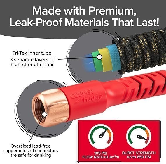 Pocket Hose 100 FT Copper Head Expandable Garden Hose with Pocket Pivot, No Tangles, AS SEEN ON TV, 360° Swivel, Tri-Tex Tubing, Force Field Jacket, Lead-Free, No-Kink, Anti-Burst w/APT - Image 3